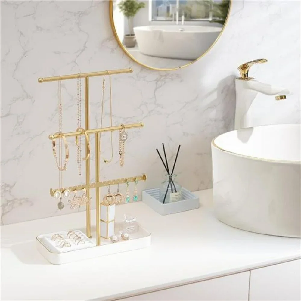 Lolalet Jewelry Necklace Holder Gold Display Stand Ceramic Base Ring Tray 14in